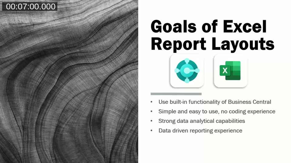 Slide listing the goals of Excel Report Layouts in Business Central: built-in functionality, no coding required, strong data analytical capabilities, data-driven reporting experience