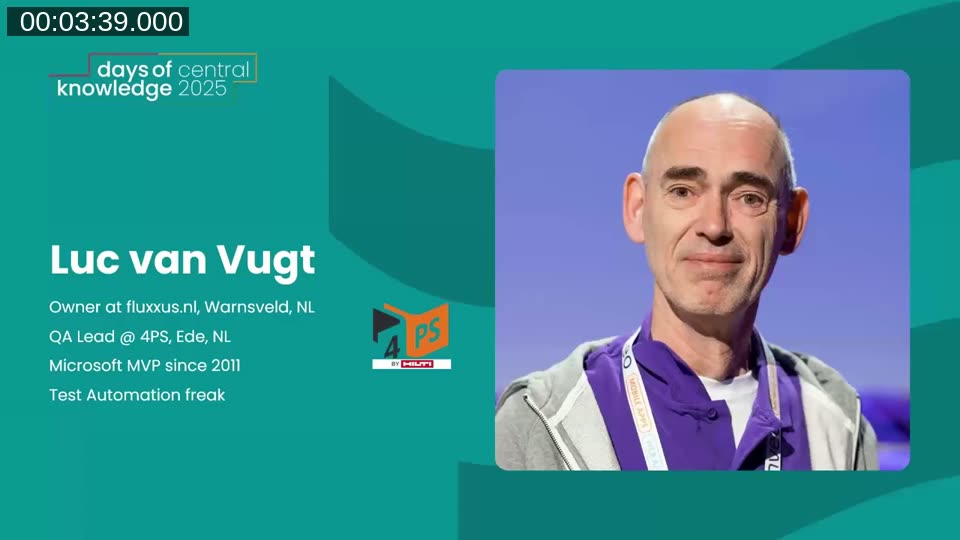 Speaker bio slide: Luc van Vugt, Owner at fluxxus.nl, QA Lead at 4PS, Microsoft MVP since 2011