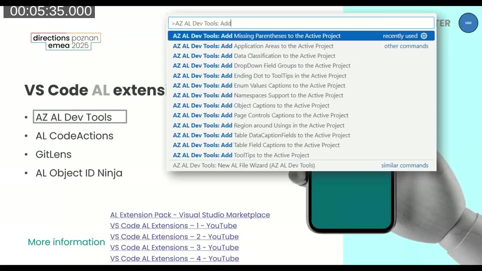 Tip 1 slide showing VS Code AL extensions including AZ AL Dev Tools command palette, AL CodeActions, GitLens, and AL Object ID Ninja