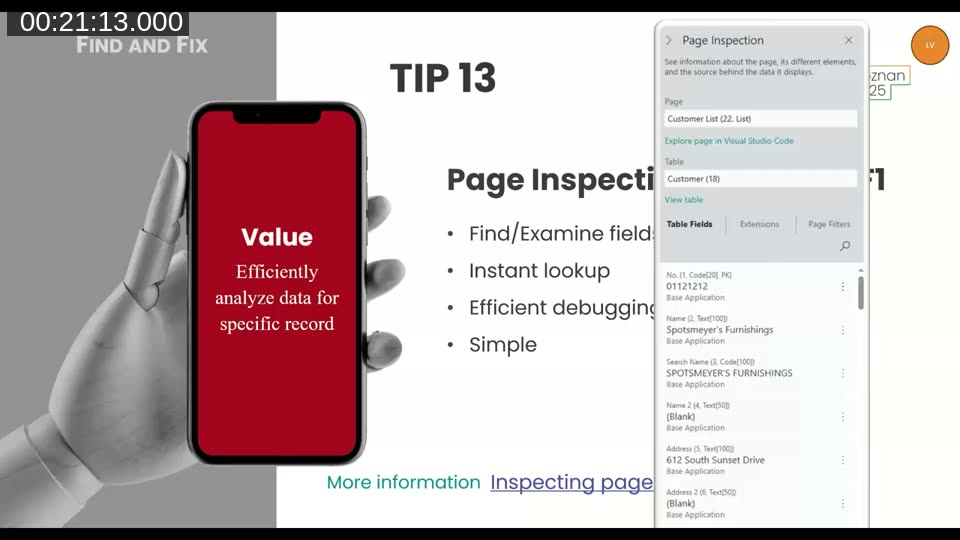 Tip 13 showing the Page Inspection panel in Business Central with table fields, extensions tab, and page filters for a Customer List