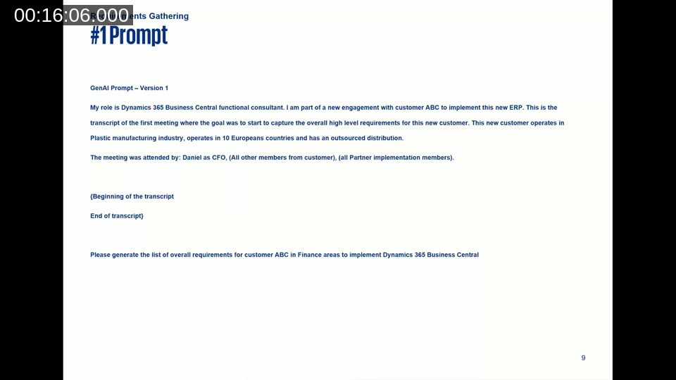 Prompt 1 slide showing the GenAI prompt structure for requirements gathering: role context, customer background, meeting details, attendee titles, and the final ask to generate requirements
