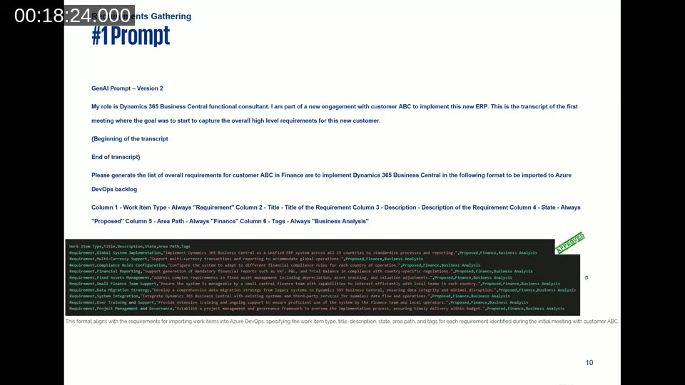 Prompt 1 version 2 slide showing the DevOps-formatted output: columns Work Item Type, Title, Description, State, Area Path, Tags — with an APPROVED stamp and sample CSV rows