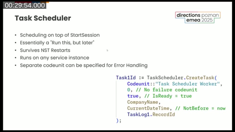 Task Scheduler slide showing CreateTask method parameters and code example