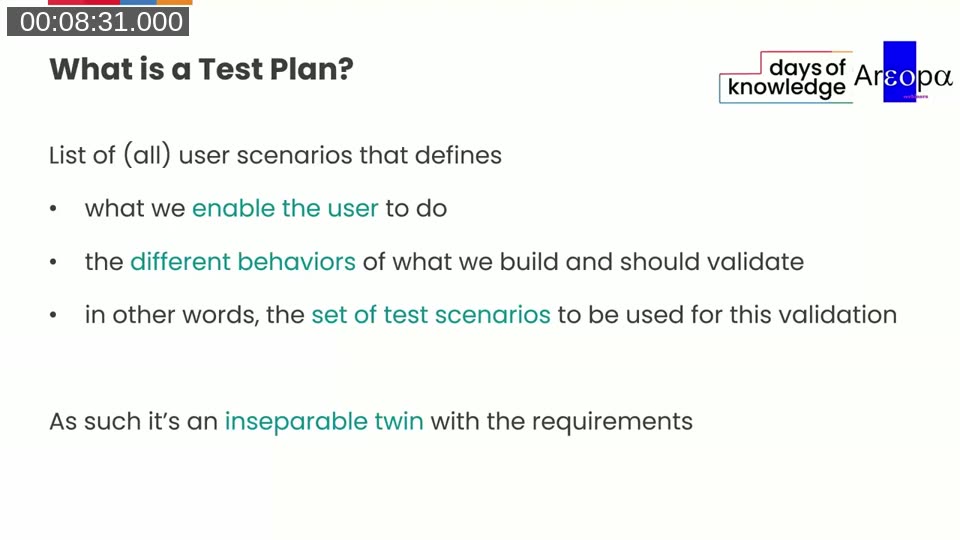 Slide defining a Test Plan as a list of user scenarios that defines what we enable the user to do, the different behaviors to validate, and the set of test scenarios — described as an inseparable twin with the requirements