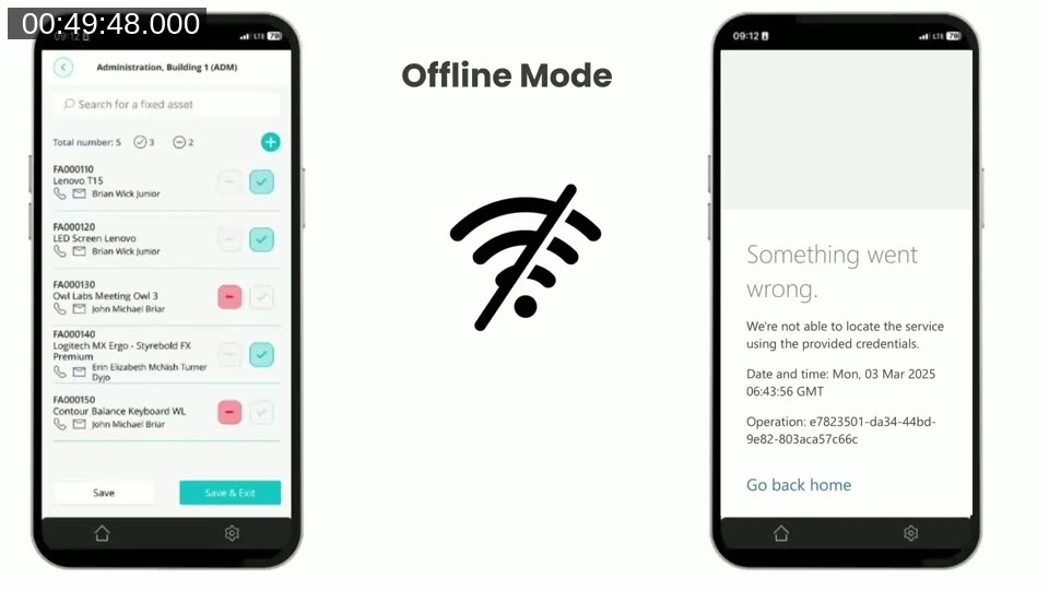 Comparison slide showing a canvas app working offline (left) versus Business Central mobile showing a connection error (right), illustrating offline mode advantage
