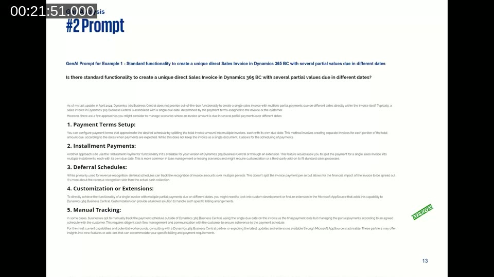 Prompt 2 slide showing an AI response to a gap analysis question about creating a sales invoice with partial payment dates, listing five approaches: Payment Terms Setup, Installment Payments, Deferral Schedules, Customization or Extensions, Manual Tracking