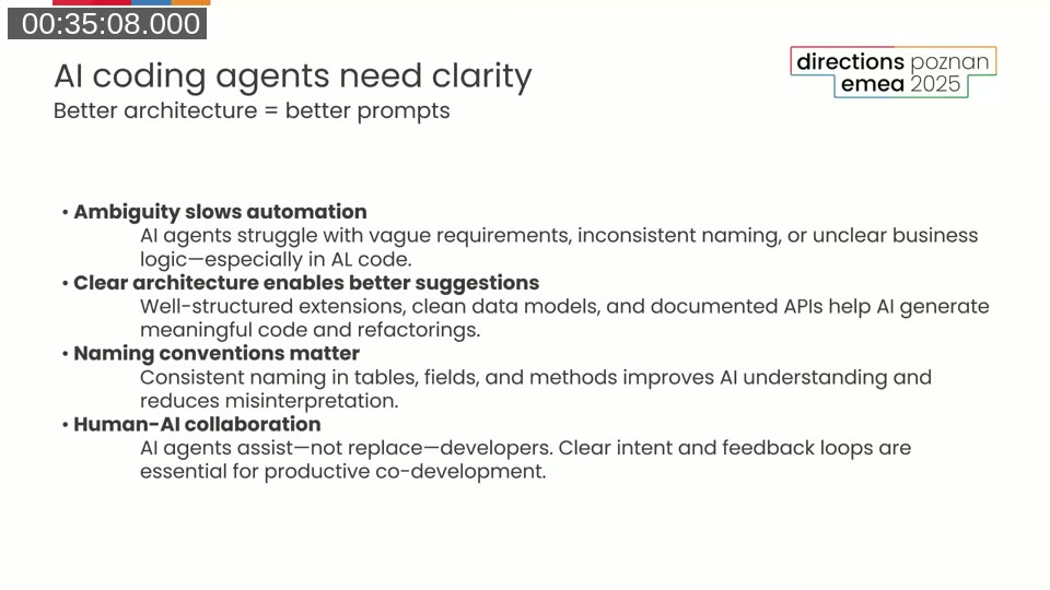 Slide listing four points on AI and architecture: ambiguity slows automation, clear architecture enables better suggestions, naming conventions matter, human-AI collaboration