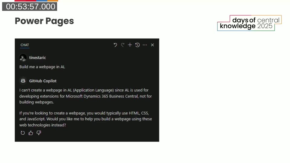 Power Pages slide showing a GitHub Copilot chat where tinestaric asks to build a webpage in AL, and Copilot explains AL cannot create webpages