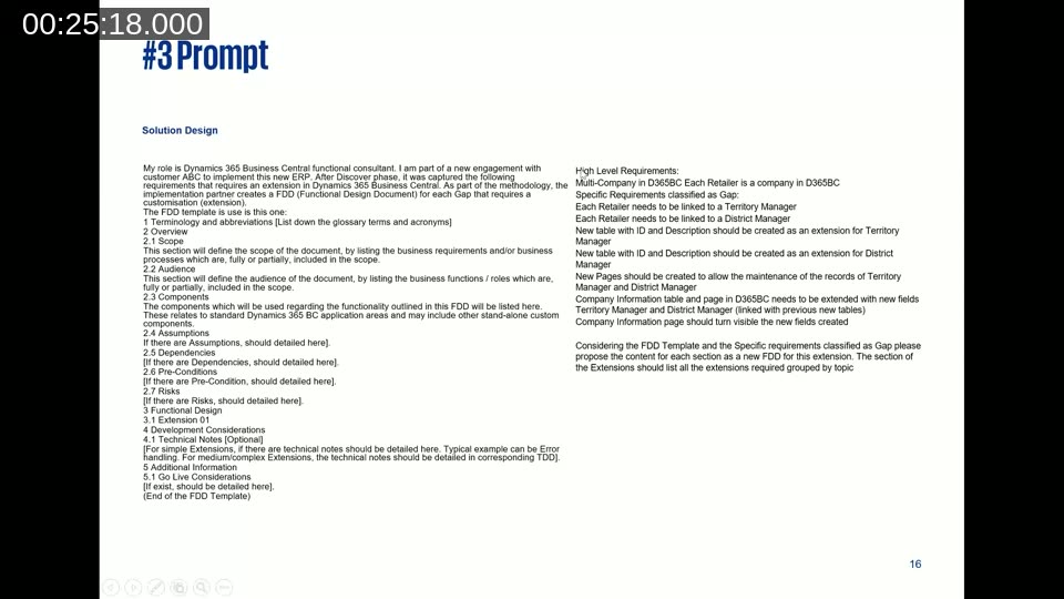Prompt 3 slide showing the full FDD prompt: role context, methodology, template sections (terminology, scope, audience, components, assumptions, dependencies, risks, functional design, technical notes, go-live, additional information), and high-level requirements