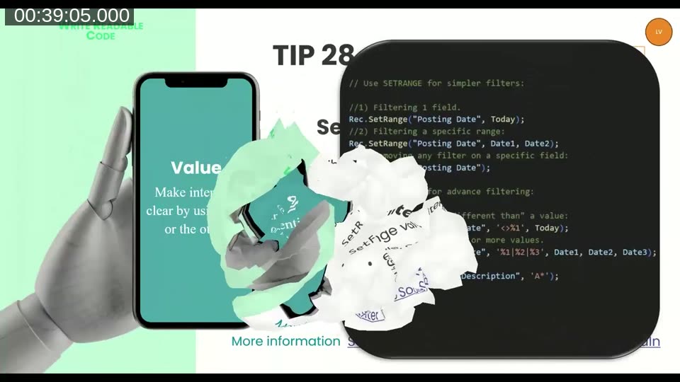 Tip 28 showing code examples comparing SetRange for simple value filtering versus SetFilter for complex filter expressions with wildcards