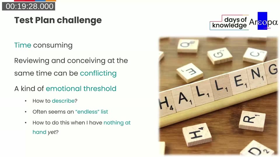 Test Plan challenge slide listing three obstacles: time consuming, reviewing and conceiving at the same time can be conflicting, and an emotional threshold around how to describe and where to start