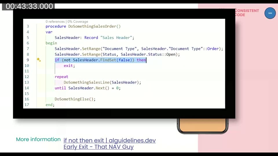 Tip 32 showing an AL code example of the early exit pattern using if not FindSet then exit to keep business logic flat and readable