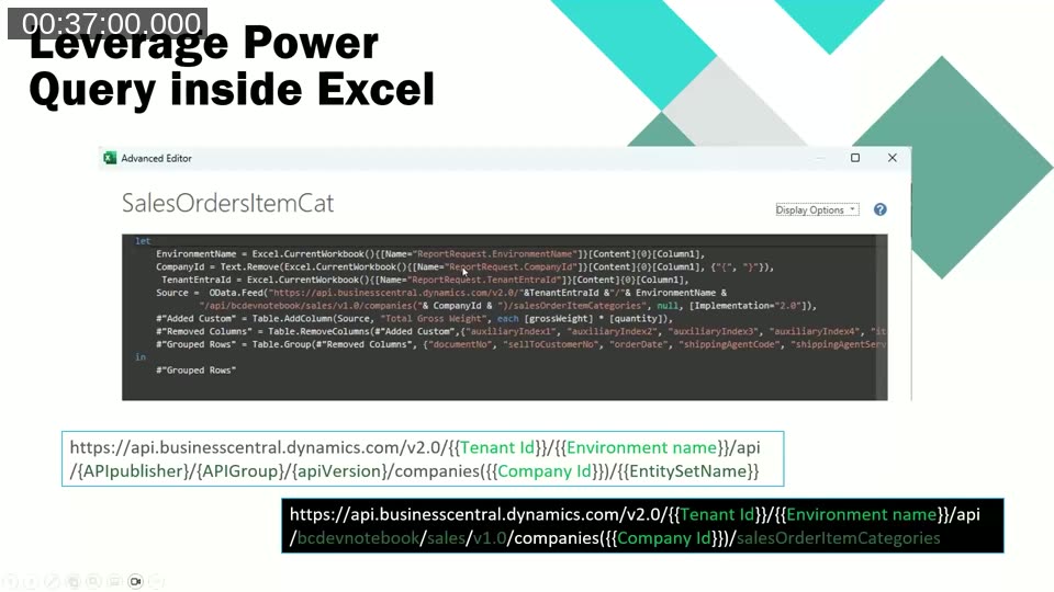 Power Query Advanced Editor showing M code that reads EnvironmentName, CompanyId, and TenantEntraId from the aggregated metadata sheet and builds a dynamic OData API URL