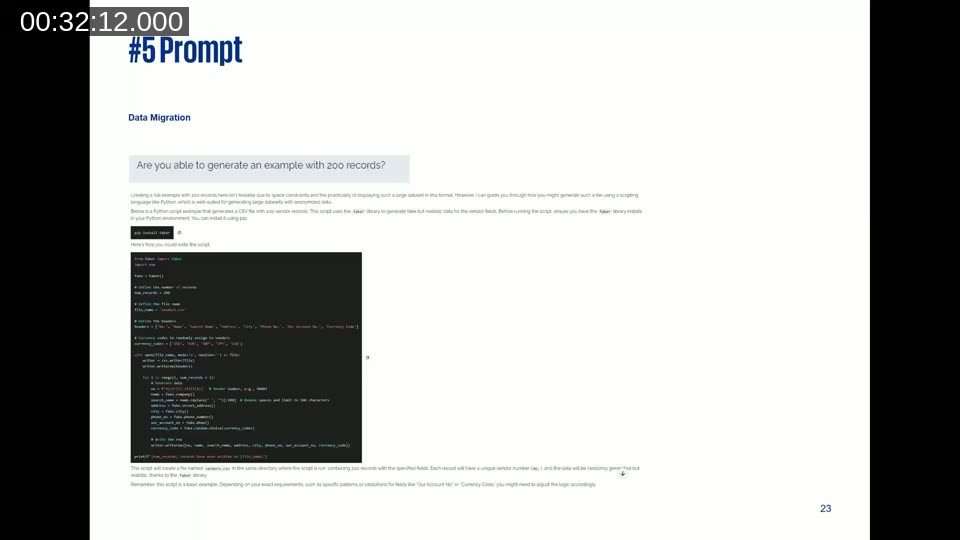 Prompt 5 slide showing the AI-generated Python script using the Faker library to produce 200 anonymized vendor records in CSV format matching the Business Central configuration package schema