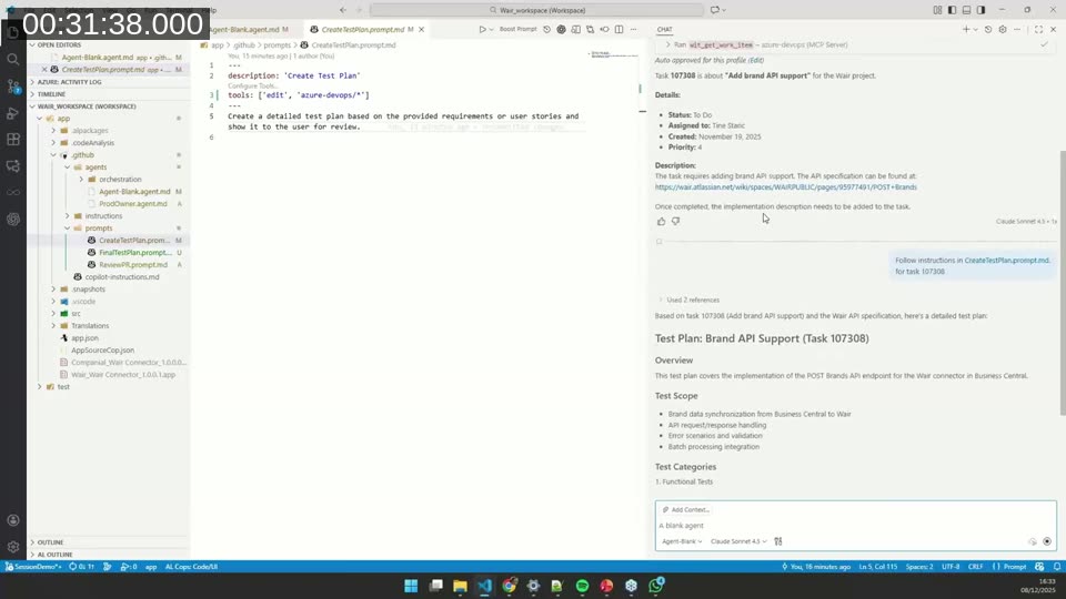 VS Code showing the custom CreateTestPlan GitHub Copilot agent reading Azure DevOps task 107308 (Add brand API support) and generating a structured test plan in the chat panel