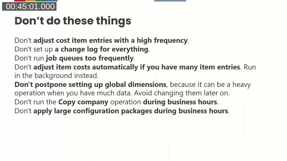 Slide listing application setup anti-patterns to avoid for performance: high-frequency cost adjustment, change log, too-frequent job queues, copy company during business hours, and more