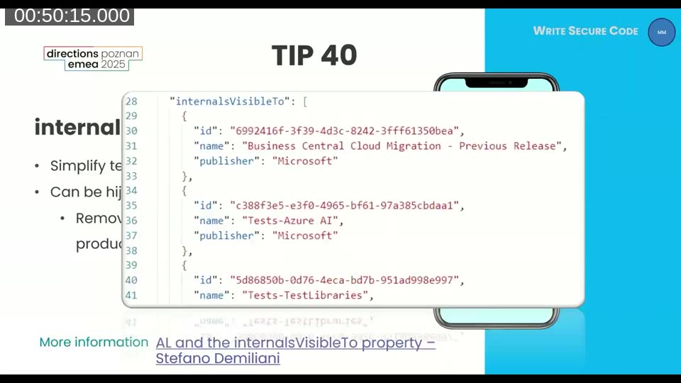 Tip 40 showing the internalsVisibleTo property in app.json with multiple app IDs listed for test access to internal objects