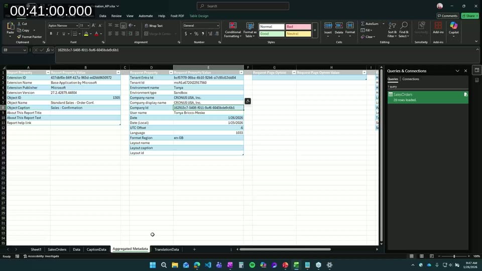 Power Query Editor with the SalesOrders query loaded from the Business Central OData API, showing 20 rows of sales order data with columns like number, orderDate, customerName