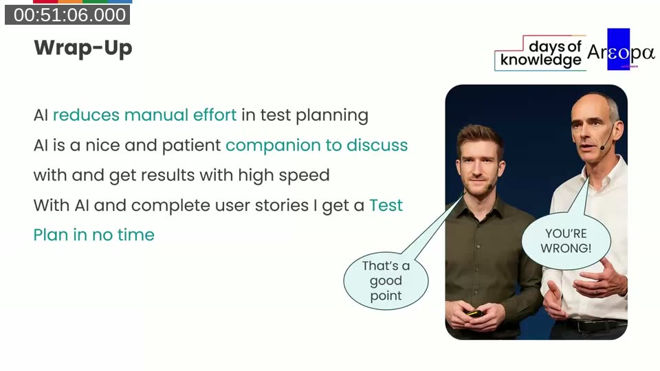 Wrap-up slide with Luc van Vugt and co-presenter on stage: AI reduces manual effort in test planning, AI is a patient companion to discuss with and get results quickly, with AI and complete user stories you get a Test Plan in no time