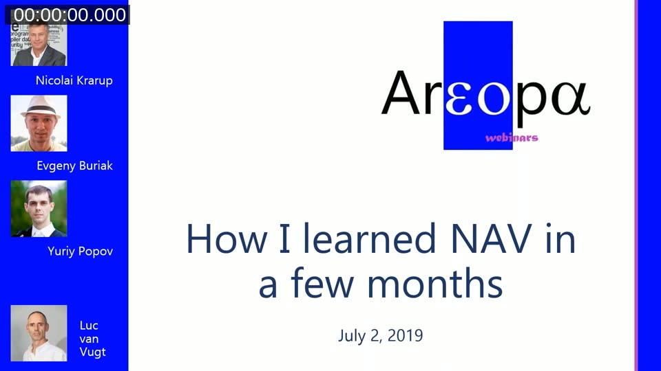 Areopa webinar title slide: How I Learned NAV in a Few Months, July 2, 2019, with photos of speakers Nicolai Krarup, Evgeny Buriak, Yuriy Popov, and moderator Luc van Vugt