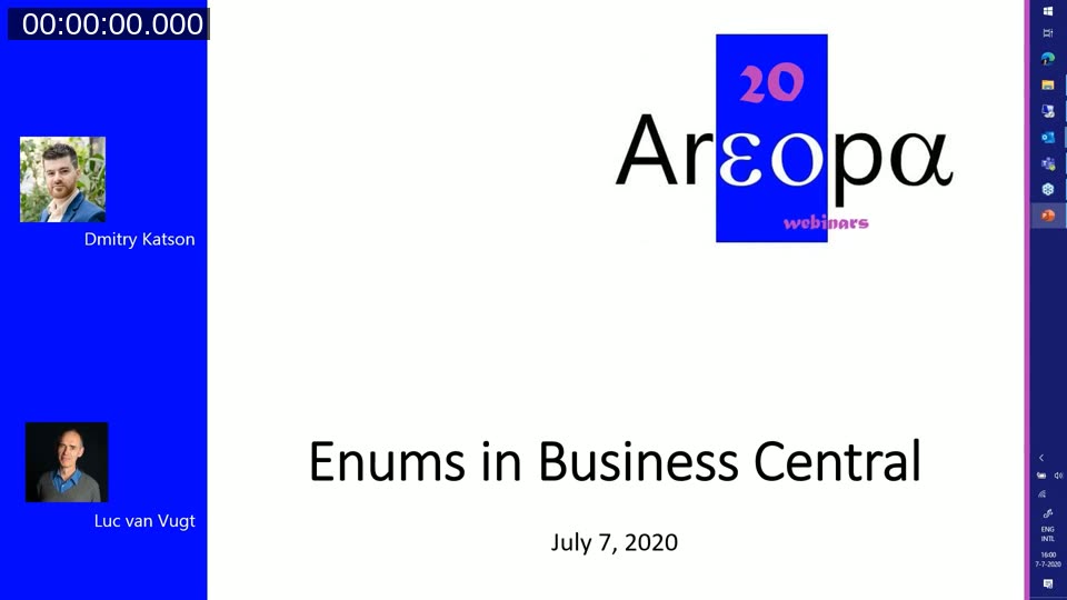 Areopa Webinar title slide: Enums in Business Central, presented by Dmitry Katson and moderated by Luc van Vugt, July 7 2020