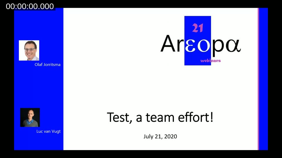 Webinar title slide: Test, a Team Effort — Areopa Webinars, July 21 2020, with speakers Olaf Jorritsma and Luc van Vugt