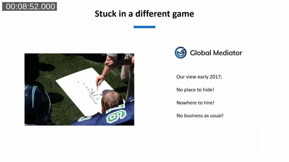 Slide titled Stuck in a Different Game listing Global Mediator's three constraints in early 2017: No place to hide, Nowhere to hire, No business as usual
