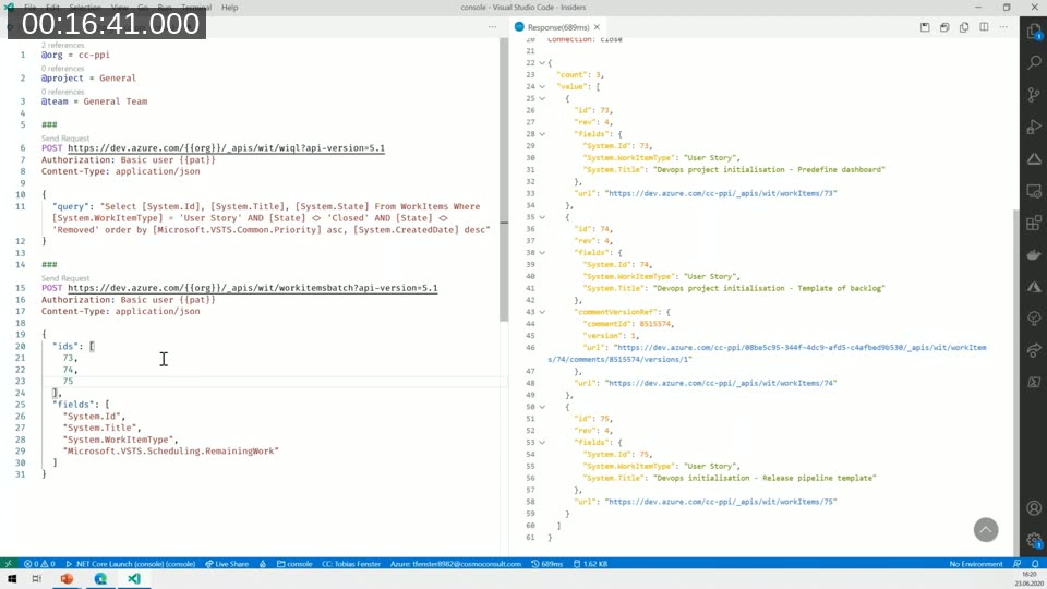 VS Code REST Client showing a WIQL query on the left and the JSON response with work item results on the right