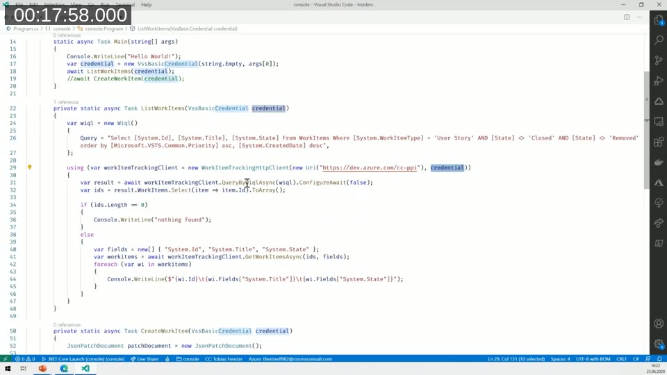 C# code in VS Code using WorkItemTrackingHttpClient to query and list work items from Azure DevOps