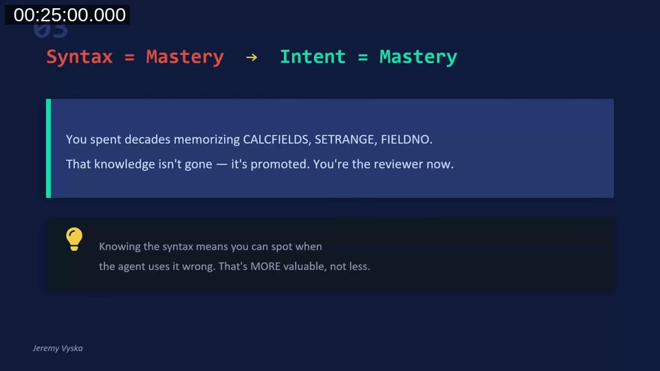 Slide showing Syntax = Mastery shifting to Intent = Mastery — knowing the syntax means you can spot when the agent uses it wrong