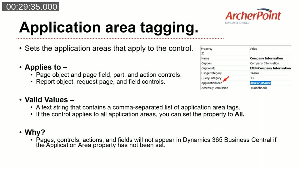 Application Area Tagging slide showing the property definition alongside a C/AL properties panel with ApplicationArea set to #Basic, #Suite