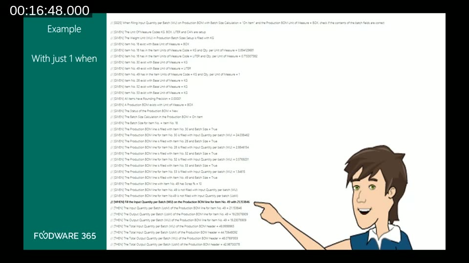 Slide showing a real AL test script with many Given lines and a single When trigger, demonstrating how complex production BOM calculations are verified