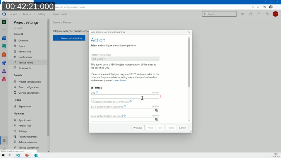 Azure DevOps Service Hooks subscription dialog showing the Post via HTTP action configuration