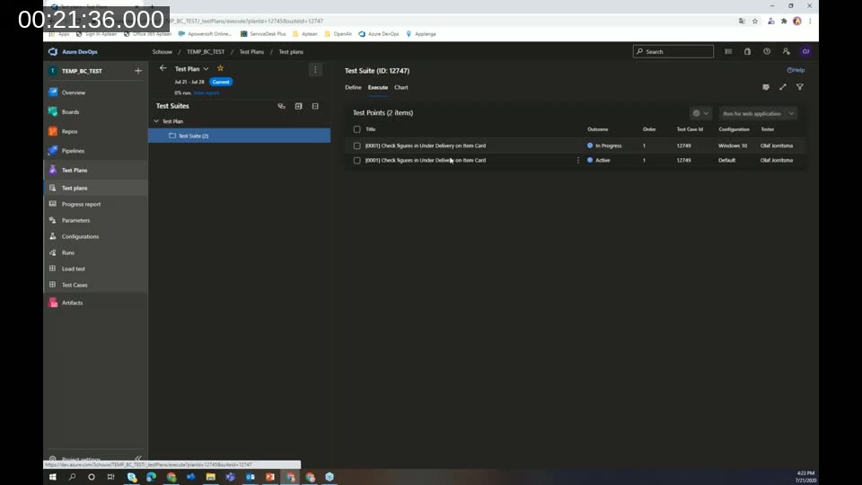 Azure DevOps Test Plans showing a test suite with two test points for an item card underdelivery check, assigned to Olaf Jorritsma