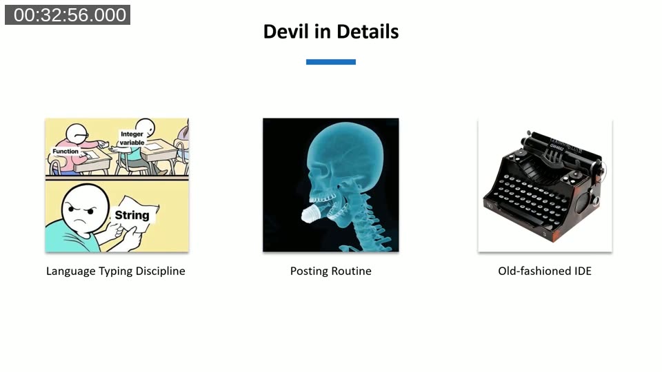 Slide titled Devil in Details showing three differences between 1C and NAV: Language Typing Discipline, Posting Routine, and Old-fashioned IDE