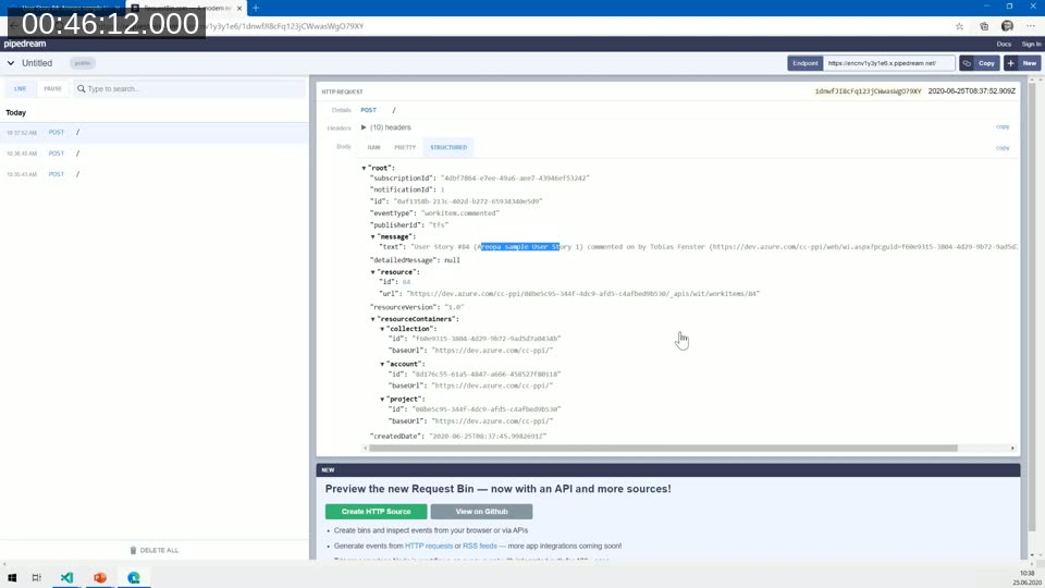 Pipedream HTTP endpoint showing a live webhook payload from Azure DevOps after a work item comment was added