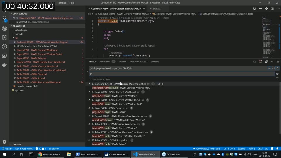 Visual Studio Code showing the AL weather extension project with multiple AL files and a search panel listing all matched objects during the NAV-to-BC conversion demo