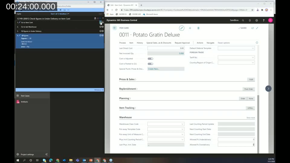 Side-by-side view of Azure DevOps test case execution steps and the Dynamics 365 Business Central item card during a live manual test