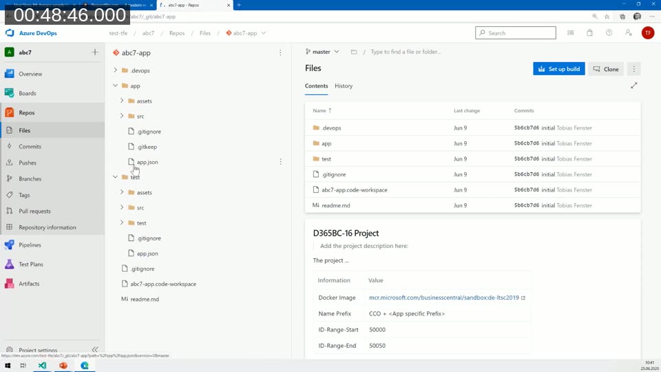 Azure DevOps repository showing the pre-created folder structure for a Business Central project including app.json, test folder, and .devops folder