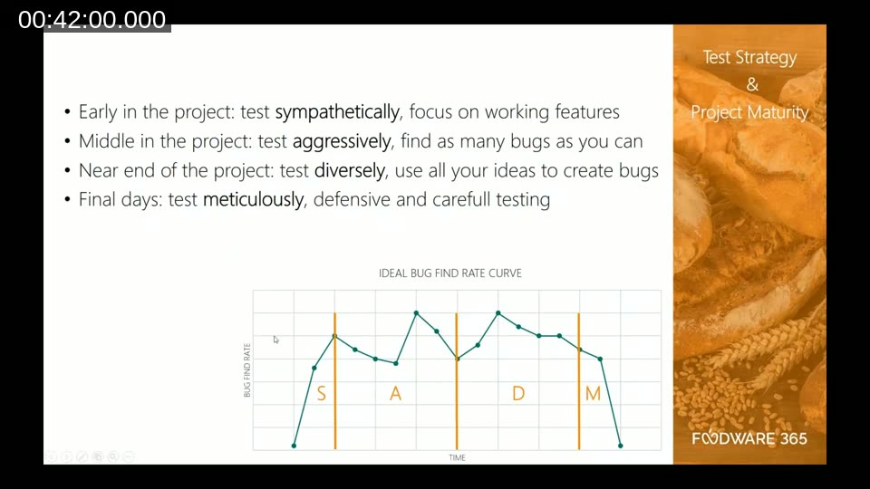 Slide showing the SADM test strategy phases — Sympathetically, Aggressively, Diversely, Meticulously — with an ideal bug-find-rate curve over time