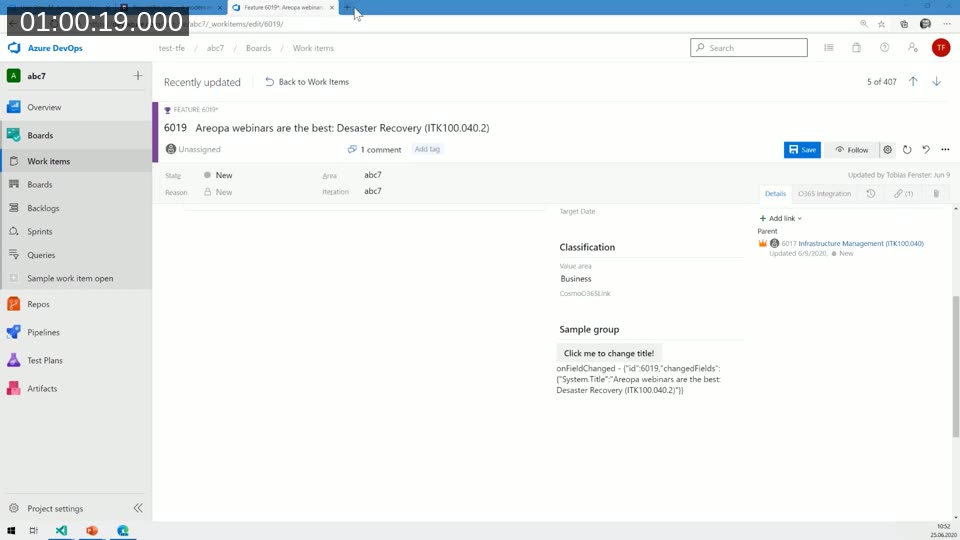 Azure DevOps work item form showing a custom extension group with a 'Click me to change the title' button
