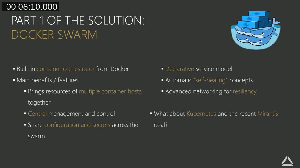 Docker Swarm overview slide showing orchestration concepts