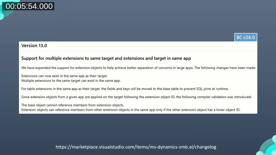 AL extension changelog for runtime 13.0 (BC v24) showing support for multiple extensions to the same target within the same app