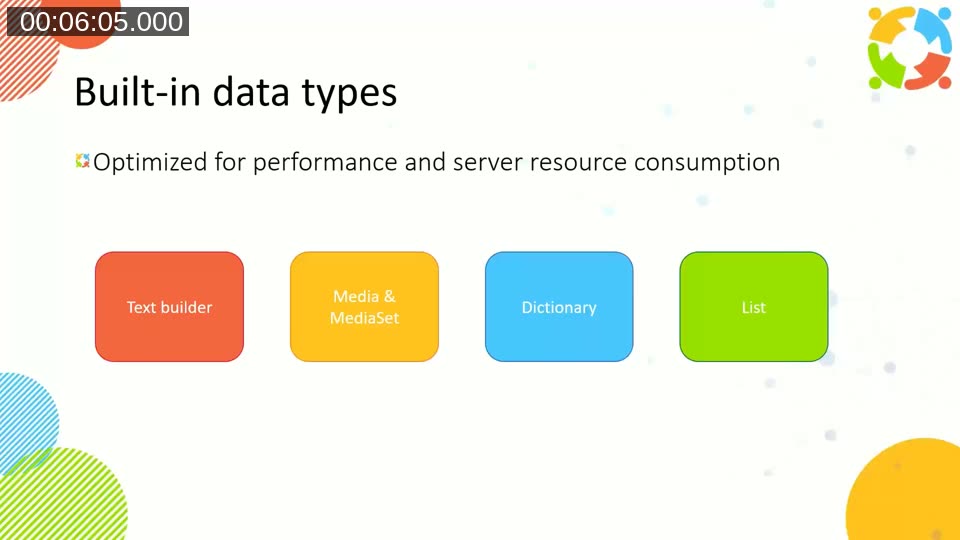Slide showing four built-in AL data types optimized for performance: Text builder, Media & MediaSet, Dictionary, and List