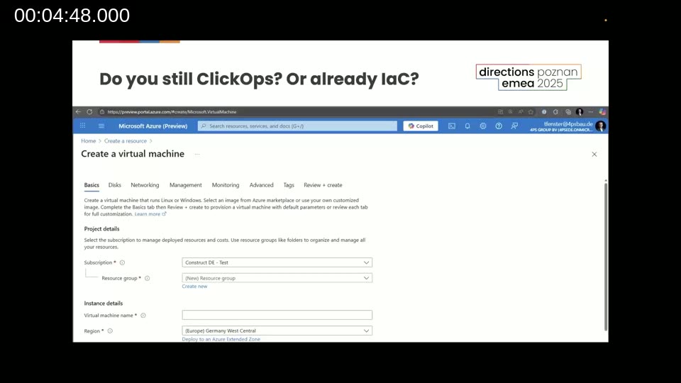 Azure Portal showing the Create Virtual Machine wizard — an example of ClickOps