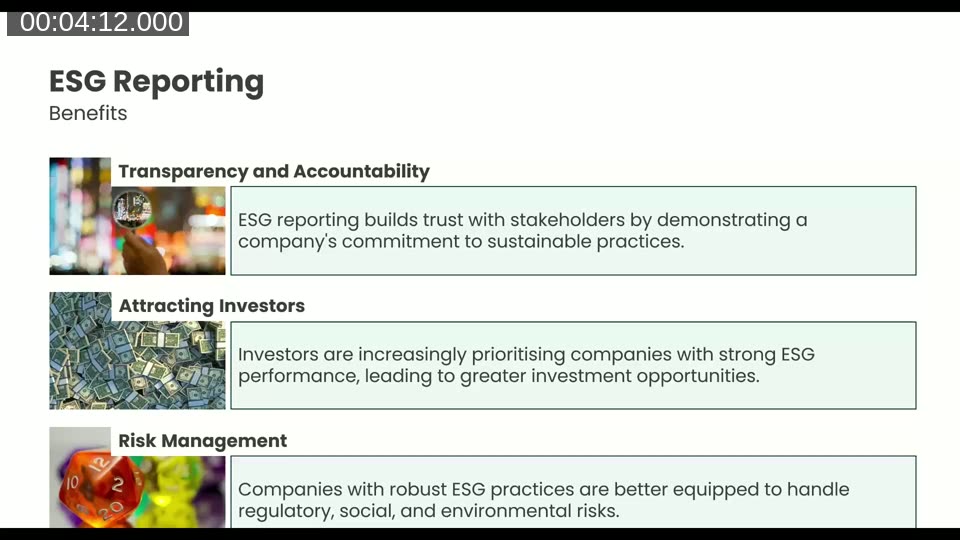 Slide showing three ESG Reporting benefits: Transparency and Accountability, Attracting Investors, and Risk Management