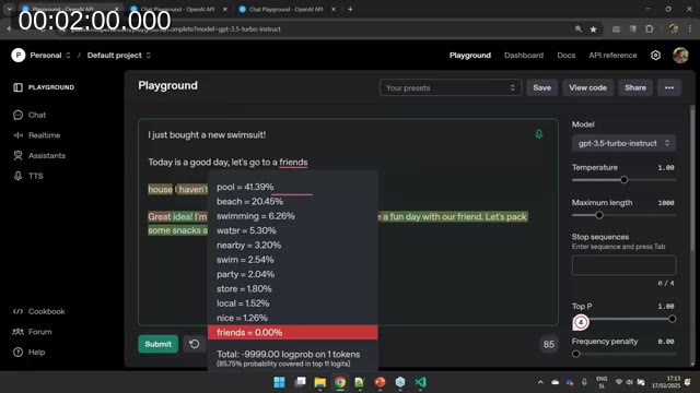 OpenAI Playground showing token probability distribution when 'swimsuit' context is added to a sentence