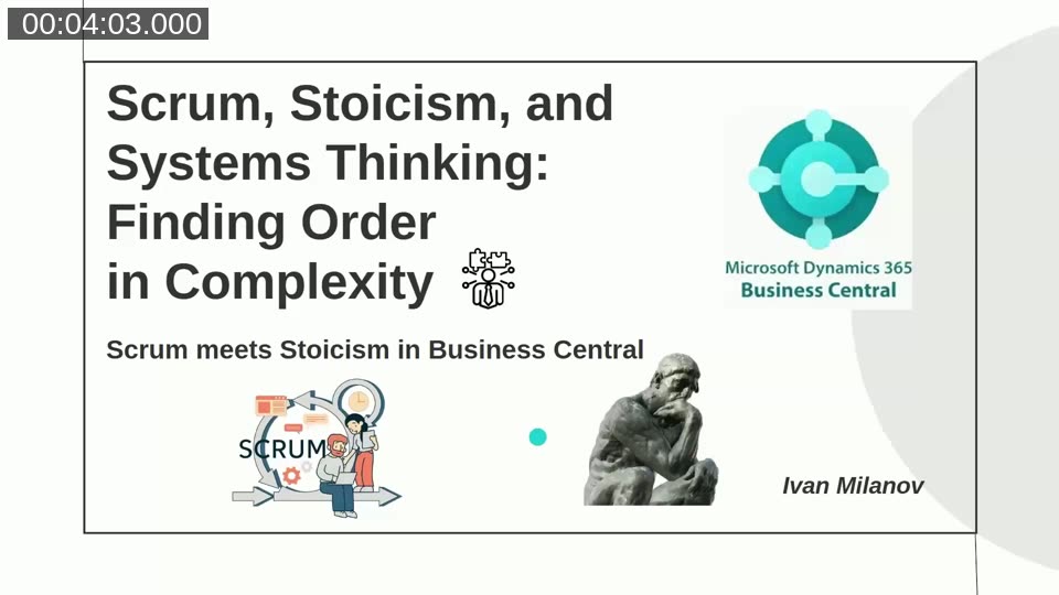 Title slide: Scrum, Stoicism, and Systems Thinking – Finding Order in Complexity, by Ivan Milanov