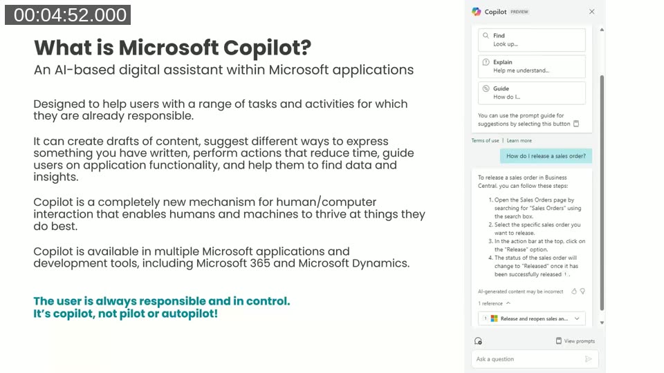 Slide defining Microsoft Copilot as an AI-based digital assistant with the chat pane visible on the right, answering 'How do I release a sales order?'
