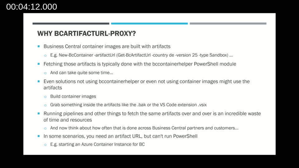 Slide: Why BCArtifactUrl-Proxy — lists the problem of repeated artifact URL fetching across pipelines and partners